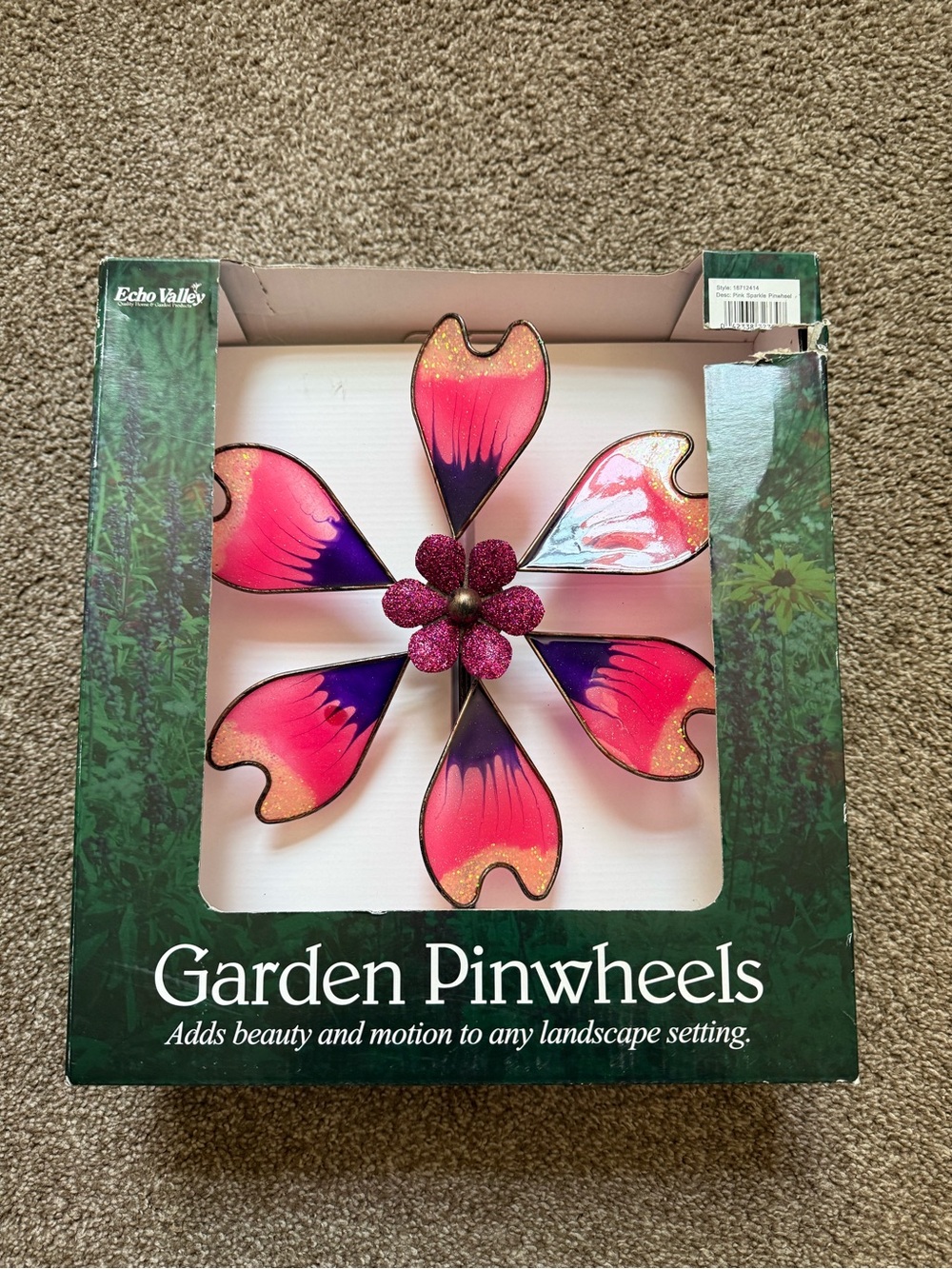 Echo Valley Metal Flower Wind Spinner Pinwheel Pink Purple Gold Glitter 12"